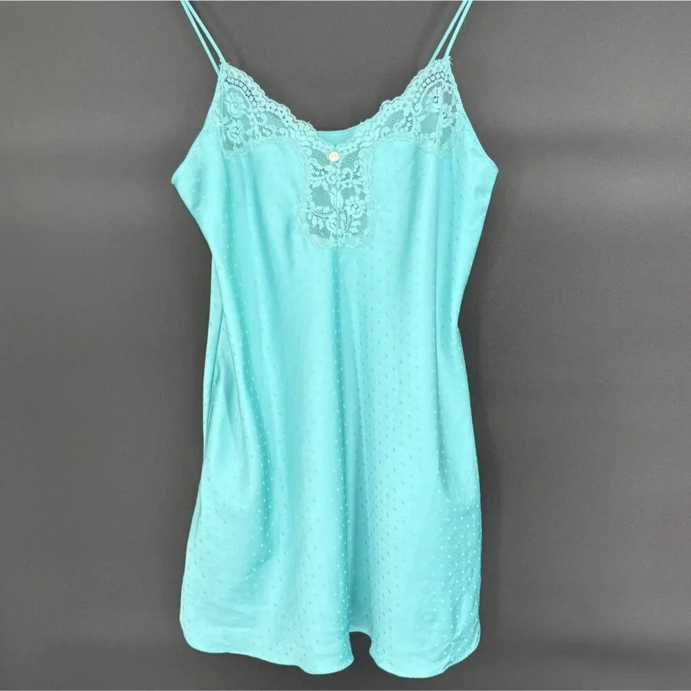 Vintage Victoria's Secret 80's Lace-Trimmed Chemise Nightgown M Aqua Blue USA